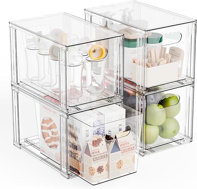 Yieach 4 Pack Large Stackable Storage Drawers,11″Deep Under Cabinet Organizer,Baby Bottle Organizer,Clear Stacking Pull Out D