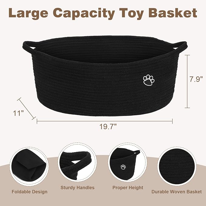 Optish Dog Toy Basket, Toy Box and Bin for Dog Cat Storage, 19.7" X 11" X 7.9" (30L) Large Woven Rope Basket for Blanket Stor