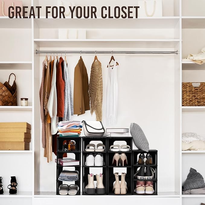 TRZZ 4-Tier Small Shoe Rack, Vertical Narrow Stackable Organizer with Removable Partition, Efficient Shoe Storage for Closet,