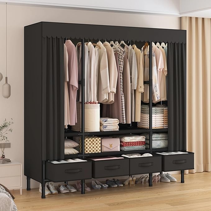Portable Closet,Garment Rack,Heavy Duty Clothes Rack with Cover,Wardrobe Closet with 3 Hanging Rods, 6 Storage Shelves and 4 