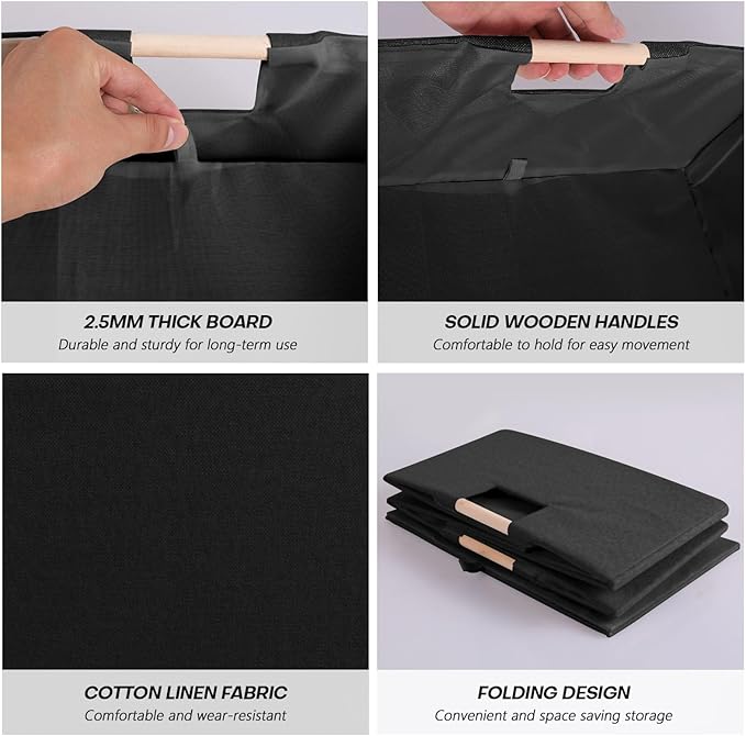 Fabric Storage Bin Box Foldable Cotton Linen Storage Basket with Wooden Handles Rectangular Cube Decorative Home Laundry Orga