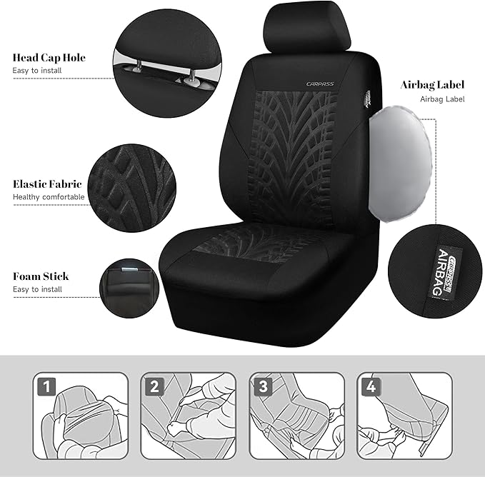 CAR PASS Car Seat Covers Two Front Only for Car, 3D Tyre Print Automotive Interior Covers, Airbag Compatible, Quick Setup Uni