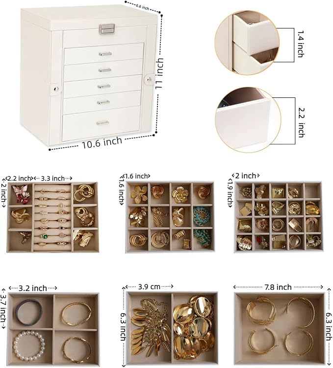BOOVO Jewelry Box For women, 6 Layer Large Jewelry Organizer With Mirror, Multi-Function Storage Box With Lock, Accessory Hol