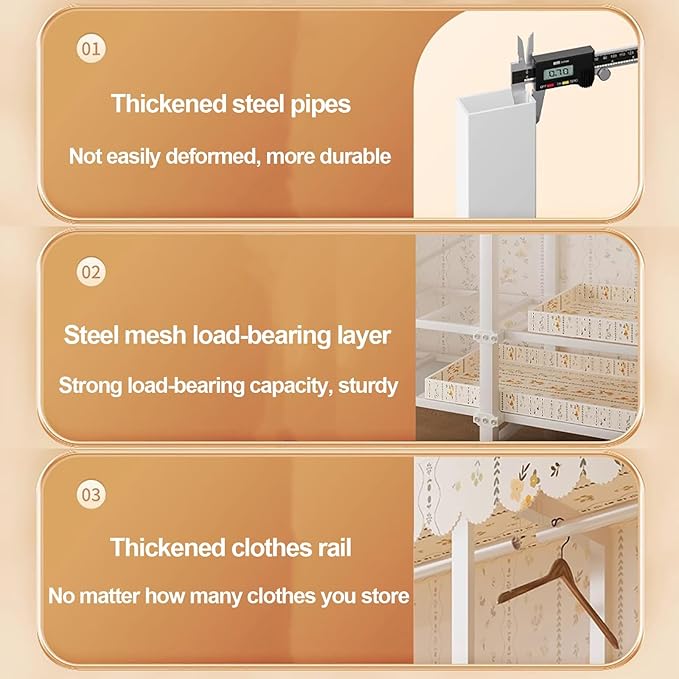 Portable Foldable Wardrobe Closet with Cover, Metal Clothing Rack with Hanging Rods, Space-Saving Coat Storage for Bedroom, 1