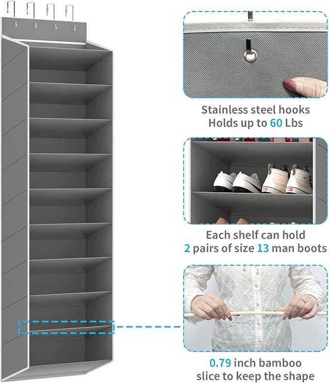 REGELETO 10 Tiers Large Size Over Door Shoe Organizer Storage, Hanging Shoe Rack for Door with Deep Pockets, Fit 20-30 Pairs 