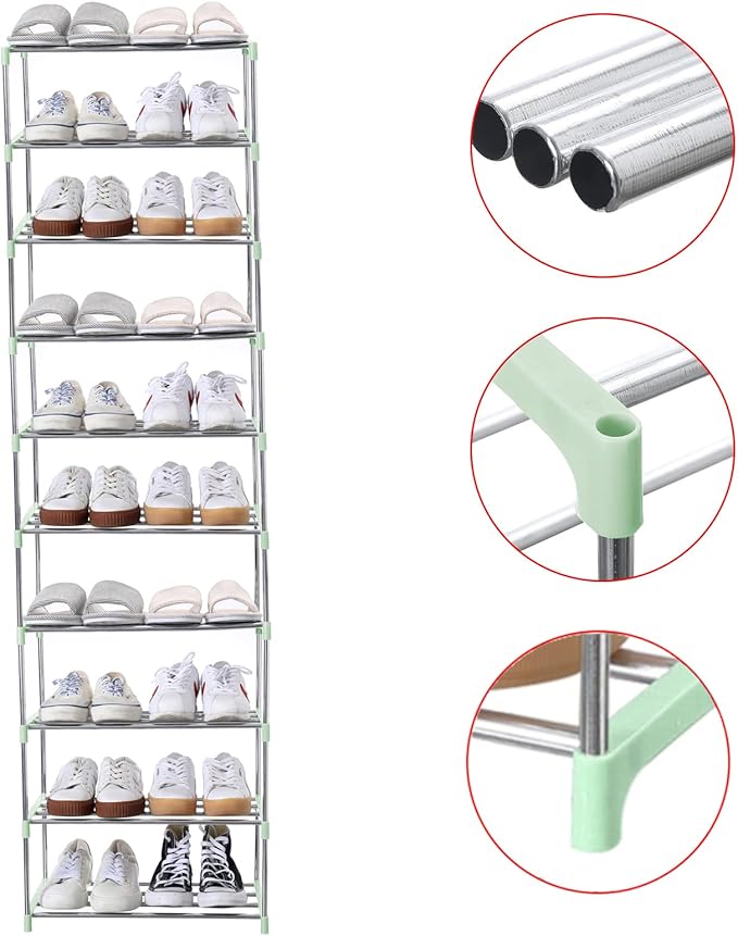 Jucaifu Stackable Small Shoe Rack, Entryway, Hallway and Closet Space Saving Storage and Organization (10-Tier, Green)