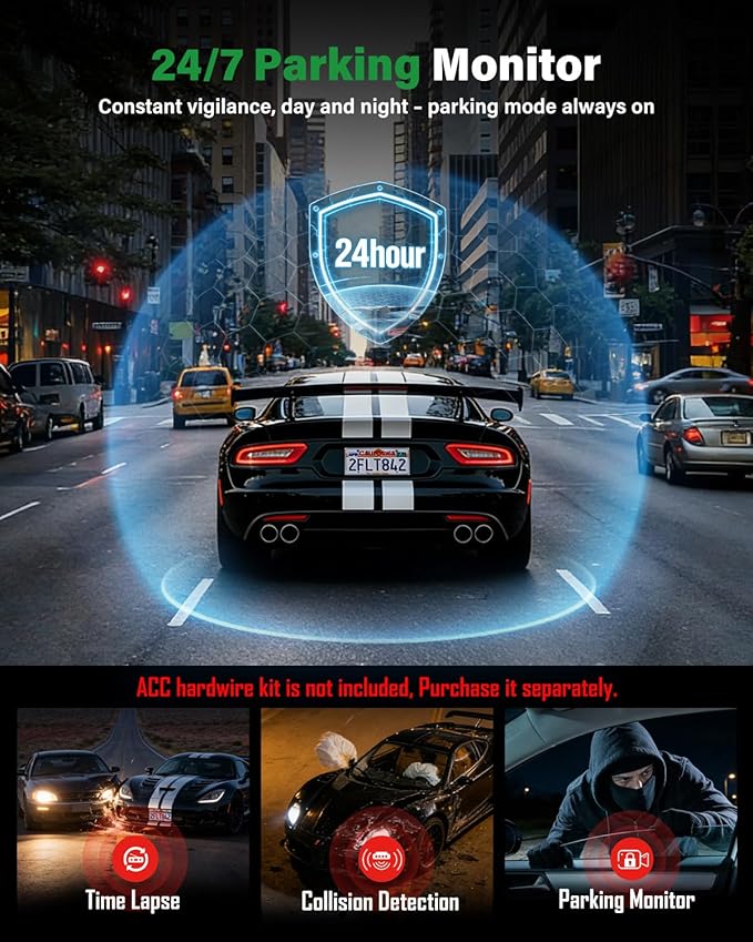 4K+2.5K+2.5K 3 Channel Dash Cam - Front/Rear/Inside - 5.8GHz WiFi 6 Dashcam with IR Night Vision, 64GB Card, 24H Parking Mode