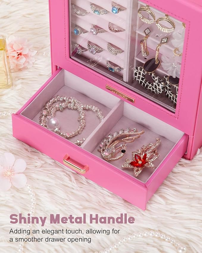 Homde Jewelry Organizer Girls Women Jewelry Box for Necklaces Rings Earrings Gift Bracelets Storage Case(Pink + Gold)