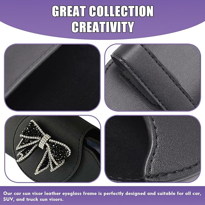Bling Car Sunglass Holder, Rhinestone Bow Visor Storage Case for Sunglass Receipt Ornament, Soft Lining Anti-scratch Holder Clip, Interior Organizer Accessory for Cars (Black)