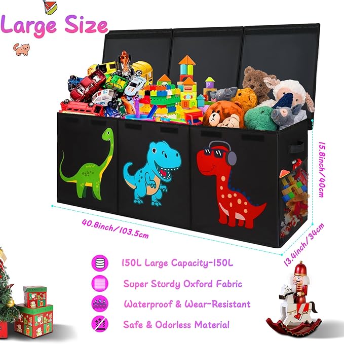 Mabahoo Extra Large Toy Box Chest, Collapsible Sturdy Kids Storage Organizer Bins with Lids, Black Dinosaur Toy Chest for Boy