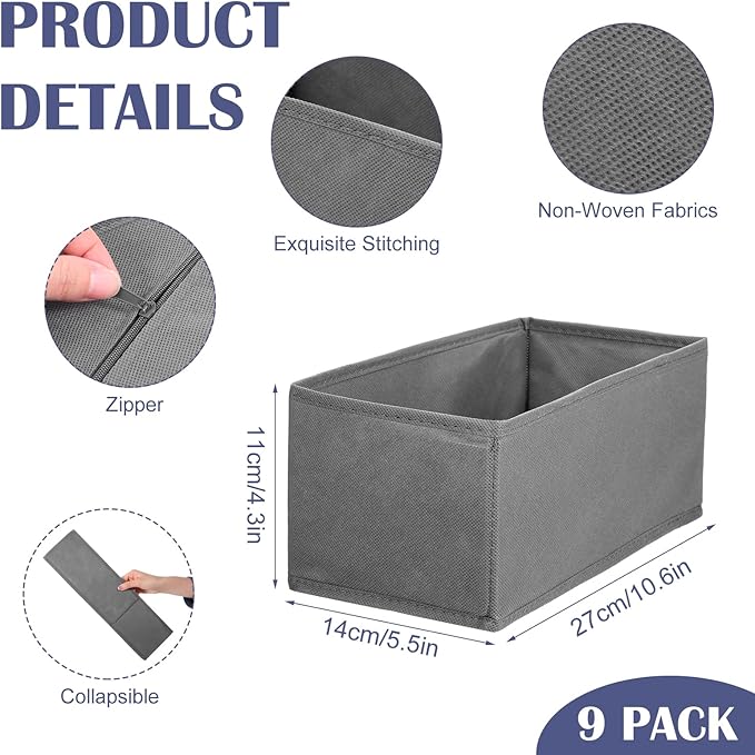 9-Pack Foldable Drawer Organizers Foldable Storage Bins – Clothing Drawer Organizer for Clothes, Dark Grey (10.6"x5.5"x4.3", 