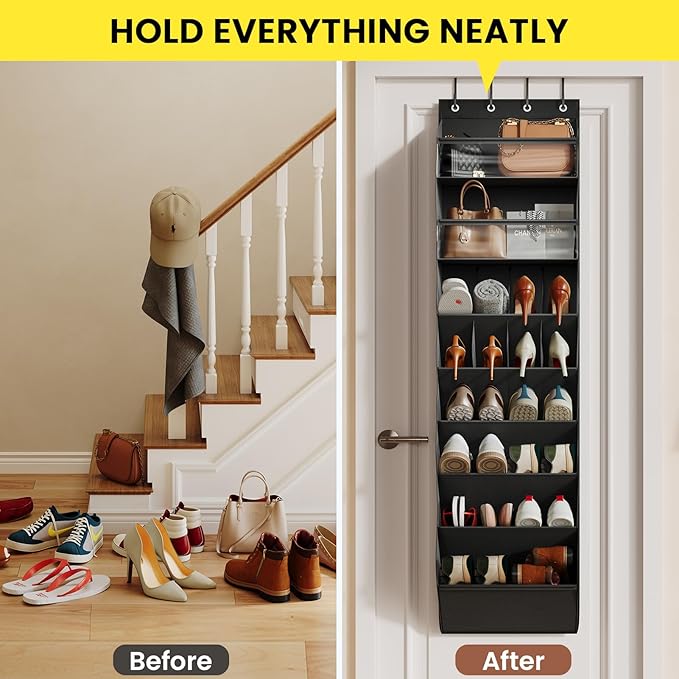 Mefirt 16-20 Pairs Over the Door Shoe Organizer, Clear Pockets Shoe Rack for Closet Door, Hanging Shoe Rack for Boots, Behind