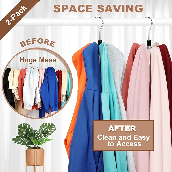 TOPIA HANGER Hoodie Hangers 2-Pack with 6 Wood Balls, 360°Swivel Purse Hanger, Scarf Hanger, Closet Hooks, Handbag Organizer,