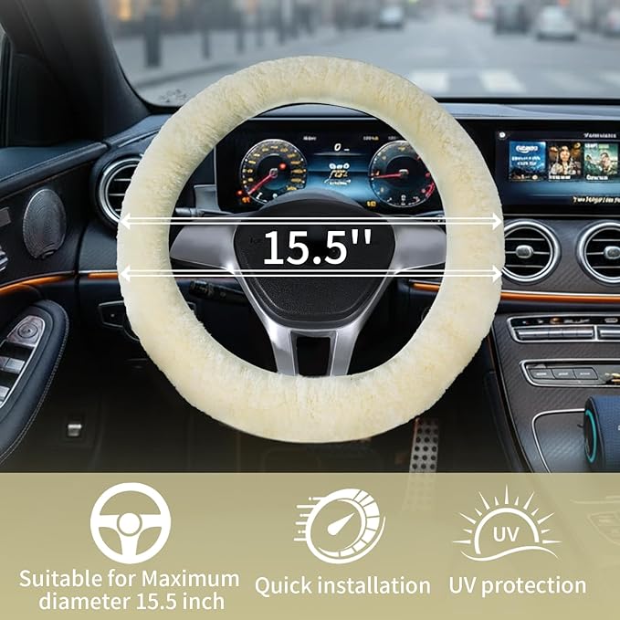 AEGIS Cover Luxury Australian Sheepskin Steering Wheel Cover - Real Plush AUS Genuine Wool | All-Season Non-Slip for Cars (Fits 14.5-15.5" Wheels) | Premium Auto Upgrade (Cream)