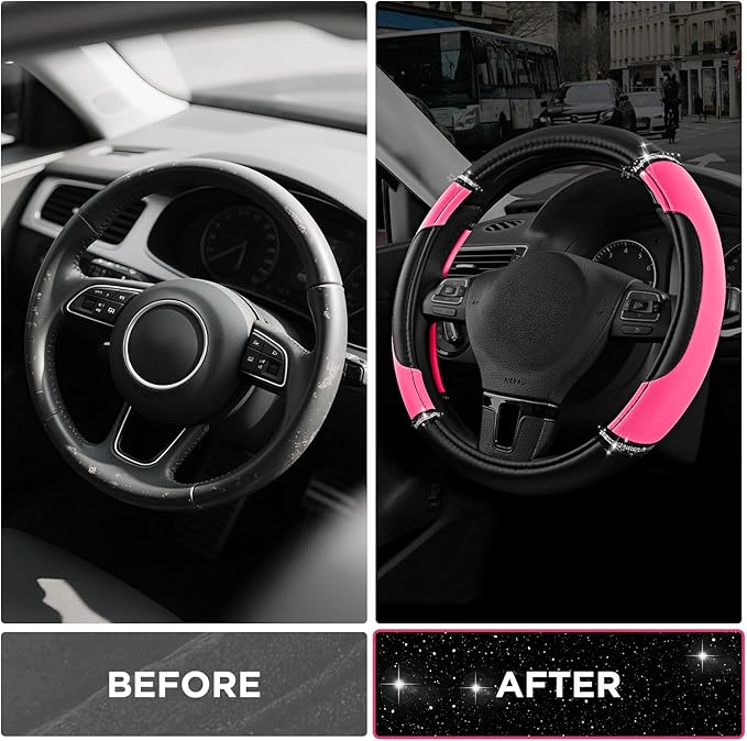 Road Comforts Leather Steering Wheel Cover - Made with PVC Leather - Anti-Slip, Universal Fit 14 1/2 inches to 15 inches - Ho