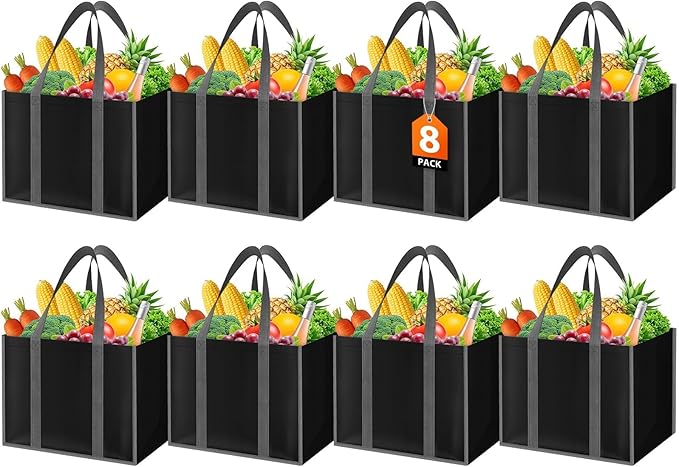 WISELIFE Reusable Grocery Bags with Handles - 8 Pack, 35L Large Shopping Bags for Groceries, Water-Resistant & Foldable Grocery Totes for Lasting Use for Kitchen, Market, Car Trunk, Picnic (Black)