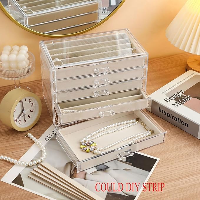 5 Drawers Necklace Organizer Storage, Tray with Clear Lid, Dustproof Velvet Necklaces Holder Storage Display Case, Necklace T