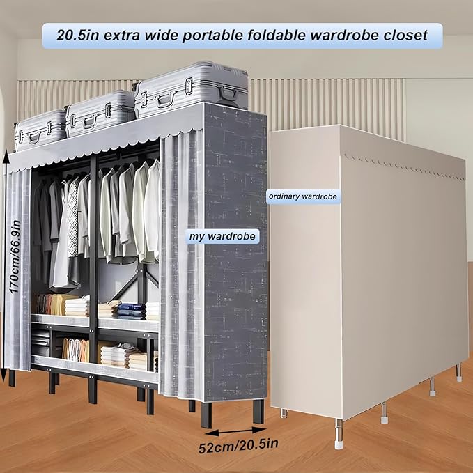 95.3in Heavy Duty Foldable Wardrobe with Cover, Portable Closets for Hanging Clothes, Load 1200lbs, Large Capacity Freestandi