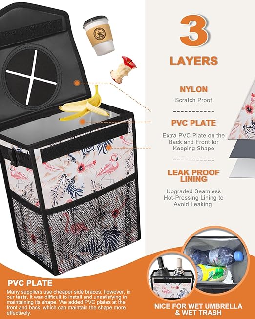 Car Trash Can with Lid, Cute Leakproof Car Trash Garbage Bag Hanging Vehicle Trash Bin Small Portable Automotive Garbage Cans Organizer for Back/Front Seat(Trapezoid,Flamingo Print