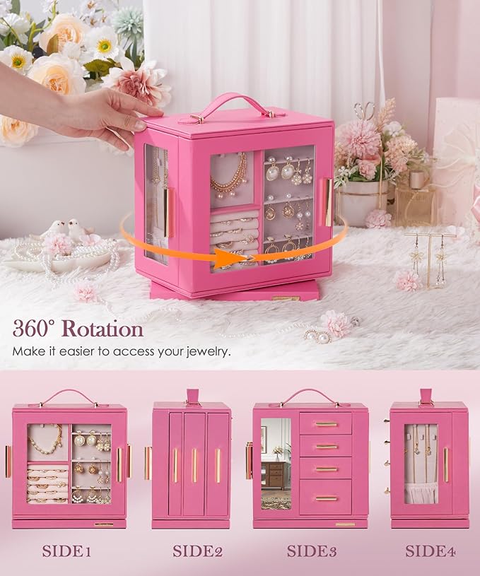 Homde Jewelry Box 360° Rotating, Necklace Earring Organizer with Transparent Window, Mirror, 7 Drawers, Large Ring Display St