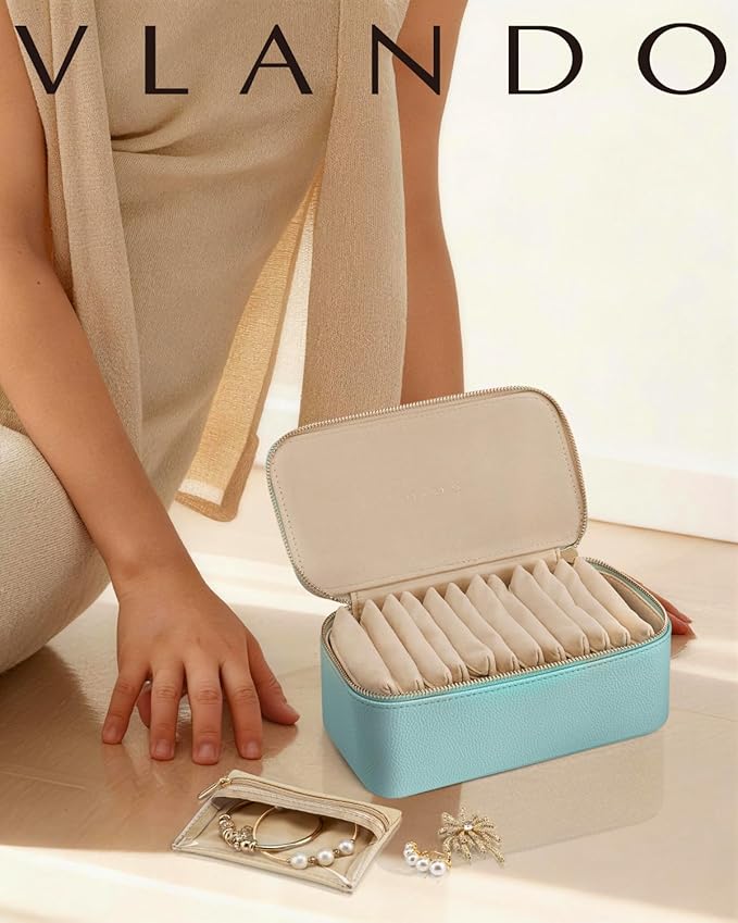 VLANDO Travel Jewelry Organizer with 12 Velvet Jewelry Bags Travel Jewelry Case for Girls Jewelry Storage Necklace Rings Earr