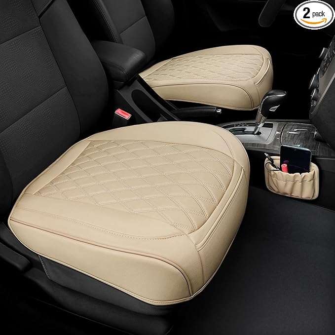 2 Pack Leather Front Car Seat Cover Bottom Car Seat, Anti-Slip and Full Wrap Driver Car Seat Protectors with Storage Pocket, 