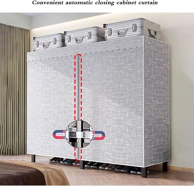 Metal Mobile Clothes Drying Rack - Fabric Wardrobe Closet, With Cover And Wheels Collapsible Clothes Rack, Heavy Duty Portabl
