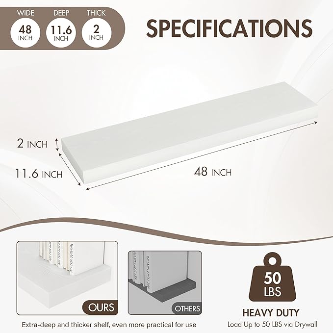 48 Inch Floating Shelves, 12" Deep Floating Shelf Wall Mounted, 48" Wall Shelves, Rustic Deep Bookshelf, Extra Deeper & Thick