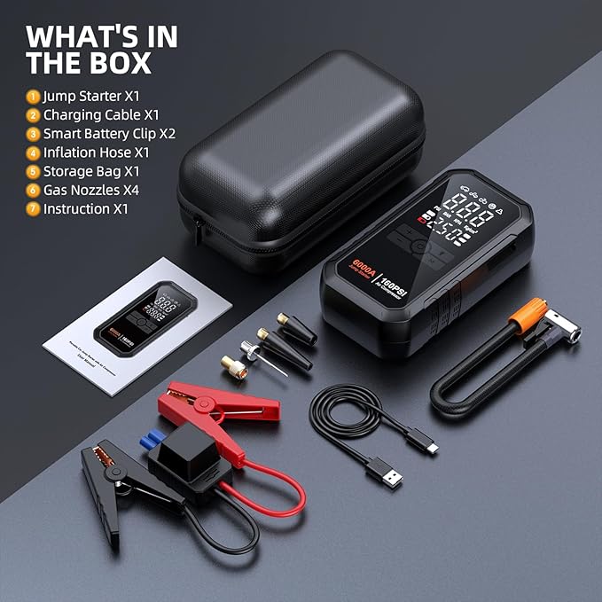 Portable 10-in-1 Car Battery Jump Starter with Air Compressor 6000A 160PSI Portable Car Jumper Starter (All Gas 12L Diesel),