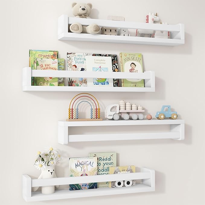 Fun Memories Nursery Book Shelves Set of 4, 24 Inch Solid Wood Wall Book Shelves, Kids Room Floating Shelves Organizer & Toy 