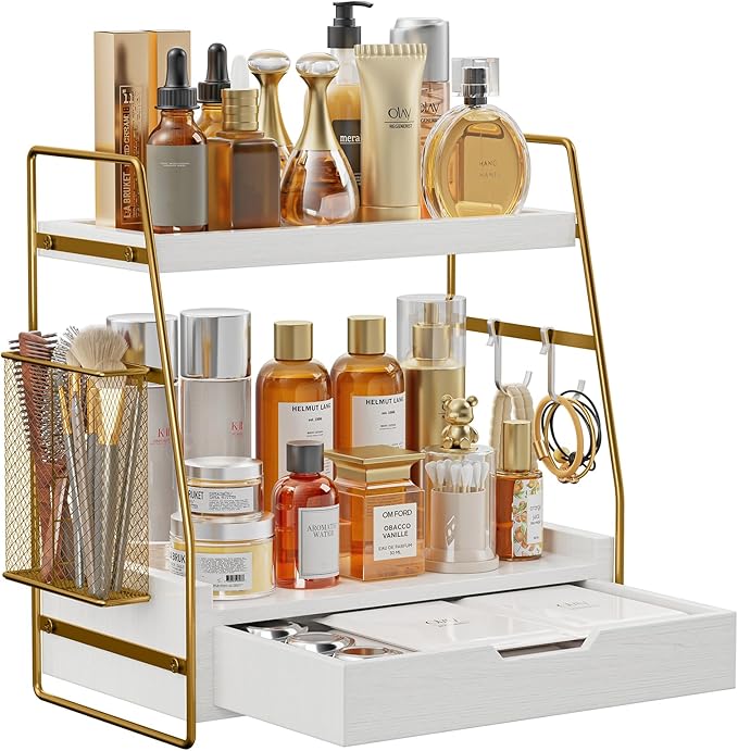 2-Tier Bathroom Counter Organizer with Drawer & Removable Basket, Wood & Metal Vanity Organizer for Skincare, Makeup, Perfume