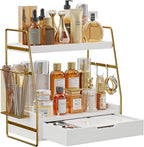 2-Tier Bathroom Counter Organizer with Drawer & Removable Basket, Wood & Metal Vanity Organizer for Skincare, Makeup, Perfume