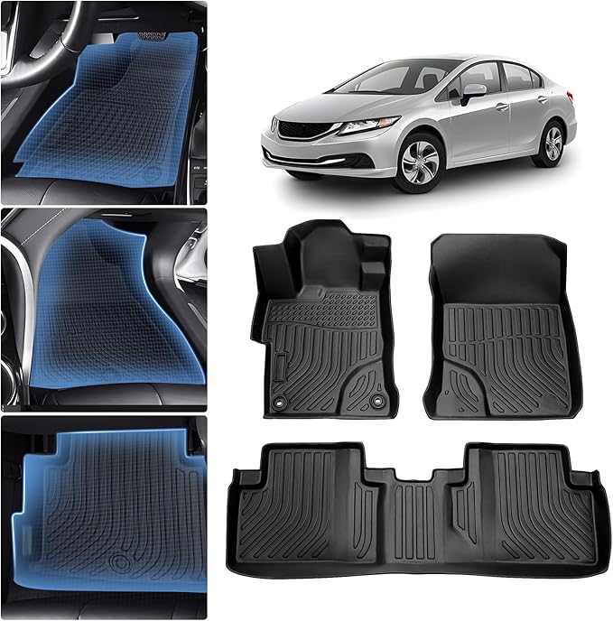 Sunsdrew Floor Mats for 2012-2015 Honda Civic Sedan, All Weather Car Mats Front Rear 2 Rows Floor Liners for Civic Accessories TPE Rubber Raised Edge (Not for Coupe)