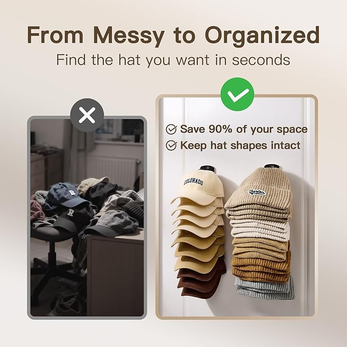 Hat Organizer for Wall, 2 Pack Adhesive Hat Rack for Baseball Caps, No Drilling or Wall Mount Cap Holder with Hooks, Over the
