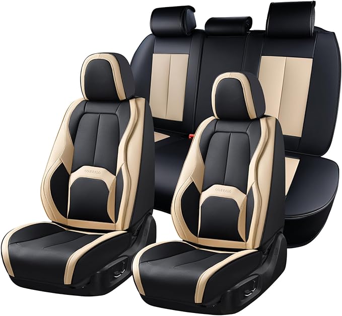 Coverado Car Seat Covers, Leather Seat Covers Full Set, Waterproof Car Seat Protector with Lumbar Support, Automotive Seat Co