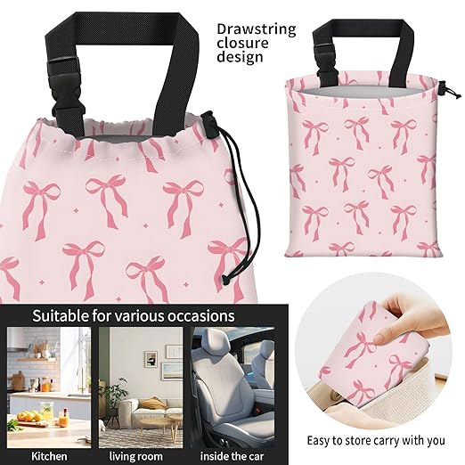 Car Trash Bag Large Hanging Can for Back of Seat, Cute Waterproof Car Garbage Bag for Vehicle, Travelling, Outdoor Cute Pink Bow