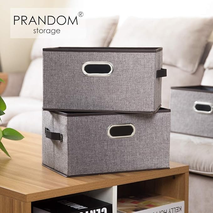 PRANDOM Large Foldable Storage Bins for Shelves [3-pack] Decorative Linen Fabric Storage Baskets Cubes with Leather/Metal Han