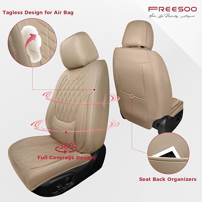 FREESOO Beige Car Seat Cover Full Set - Faux Nappa Leather Seat Covers for Cars, Ultra Breathable Waterproof Front Seats Cush