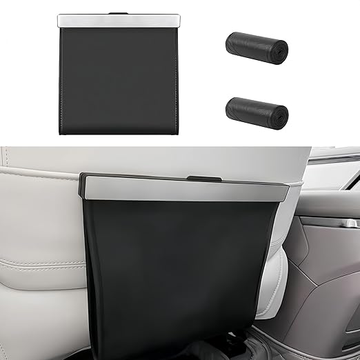Leather Car Trash Can with Smart LED Light & Magnetic Closure, Hanging Car Trash Bag, Small Car Trash Can, Leak-Proof, Odor-Lock Car Trash Bin for Any Cars, Sedans, SUVs, Trucks, Black