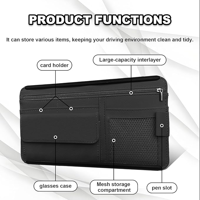 Car Sun Visor Storage Bag, Soft Leather Surface Organizer, Scratch-Resistant Auto Sunshade Organizer Bag, Can Store ID Card, Eyeglasses, Pen, Driving License etc (Black)