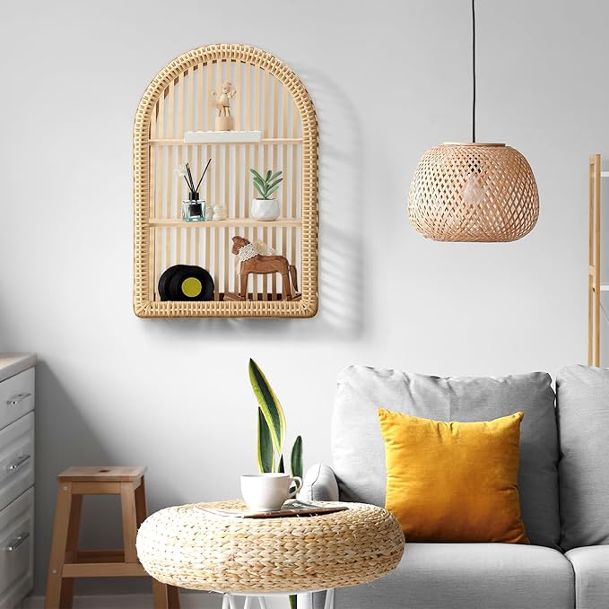 Rattan Wall Shelf 3 Tier Boho Wall Mounted Shelf 15.75" x 23.62" Farmhouse Handcraft Bamboo Arched Floating Shelves for Livin