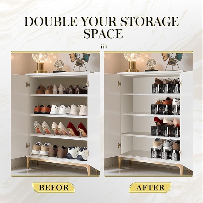Shoe Slots Organizer 12 Pack - Shoe Stacker,3 Levels Adjustable,Space Savers 50%,Double Layer Holders for Closet (Black),Orga