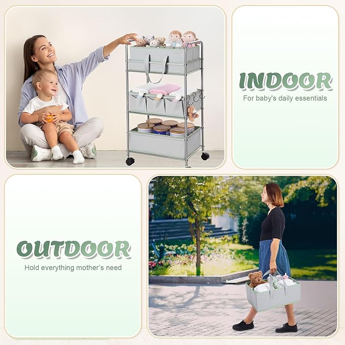 FoldTier 2in1 Colorful Baby Diaper Caddy Organizer Cart 3 Tier Large Capacity Metal Utility Bedside Rolling Cart with Divider