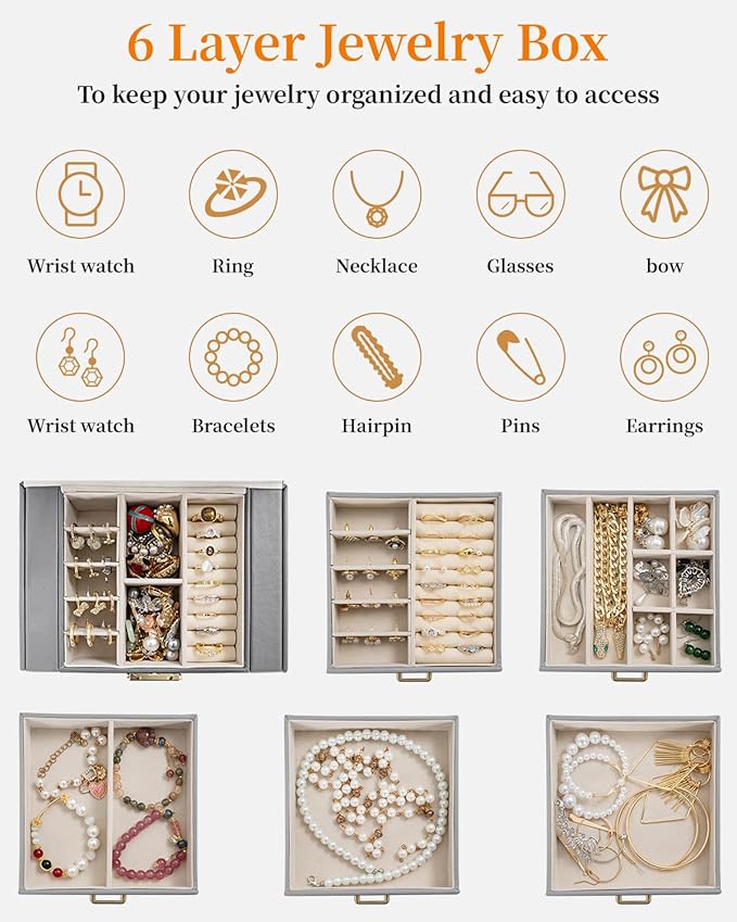 TORIBIO Large Jewelry Box for Women, Leather Jewelry Organizer with Mirror & Lock, 6-Tier Jewelry Storage Case for Girls/Wome