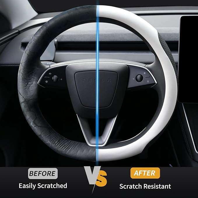 Premium Leather Steering Wheel Cover for Tesla Model 3/Y 2016-2025 2026 Juniper/Highland, Non-Slip Breathable Tesla Model 3/Y Steering Wheel Protector, White