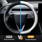 Premium Leather Steering Wheel Cover for Tesla Model 3/Y 2016-2025 2026 Juniper/Highland, Non-Slip Breathable Tesla Model 3/Y Steering Wheel Protector, White