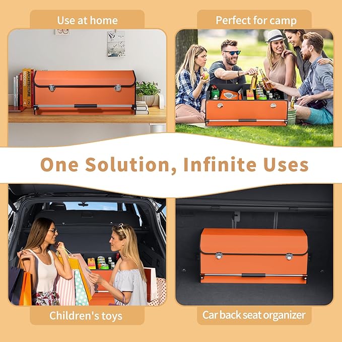 XCF Car Trunk Organizer for SUV, Collapsible Leather Car Storage Trunk Organizer with Lid and Sturdy Handle Car Trunk Leather
