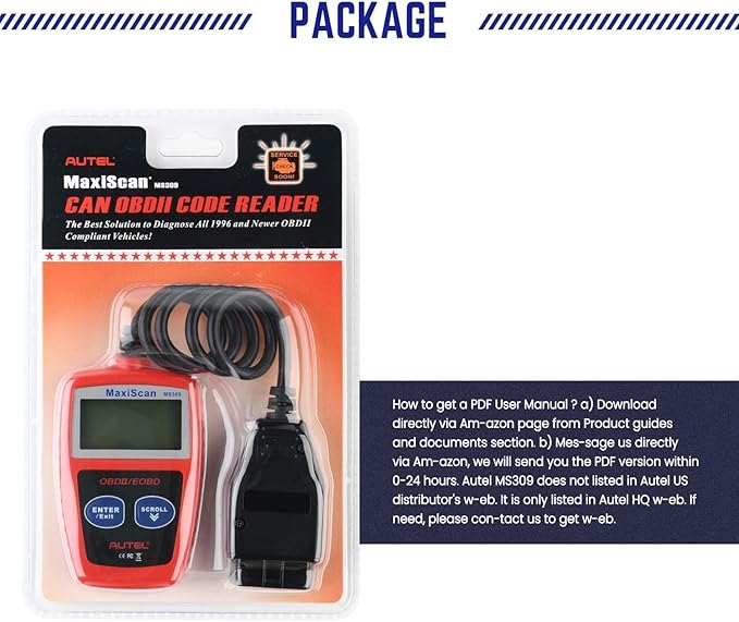 Autel OBD2 Scanner MS309 Universal Car Engine Fault Code Reader, Check Engine Light and Emission Monitor Status, OBDII CAN