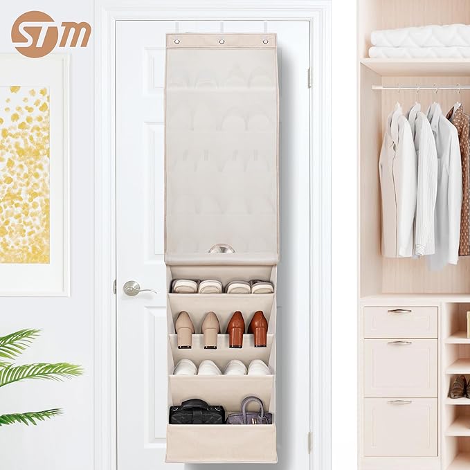 STORAGE MANIAC Over the Door Shoe Organizer with Curtain Dustproof Heavy-Duty Large Deep Pocket Hanging Shoe Organizer for Cl