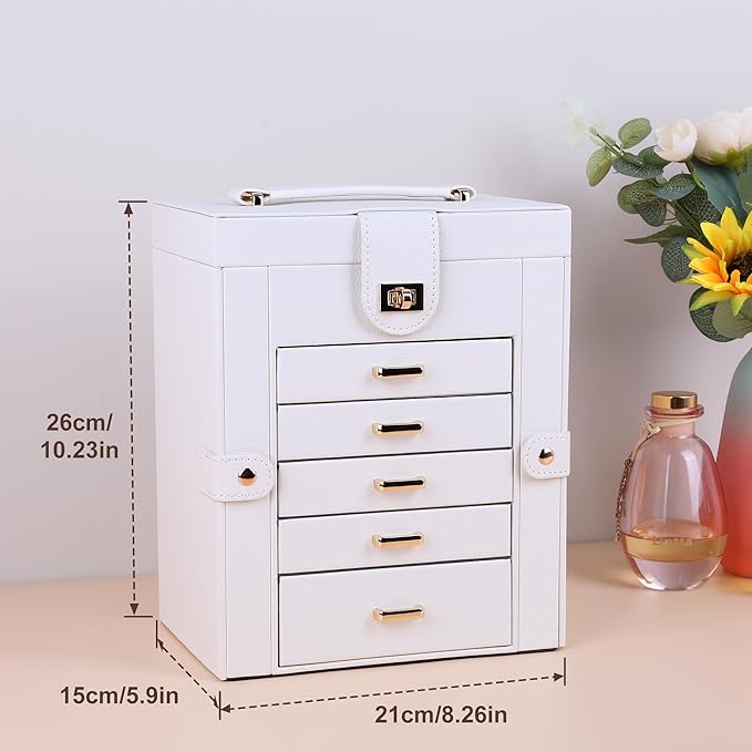 Kendal Jewelry Box, 6-Layer Jewelry Storage Organizer for Necklace Bracelet Rings Watch, 10.2"x8.2"x6" Classic PU Leather 5 D